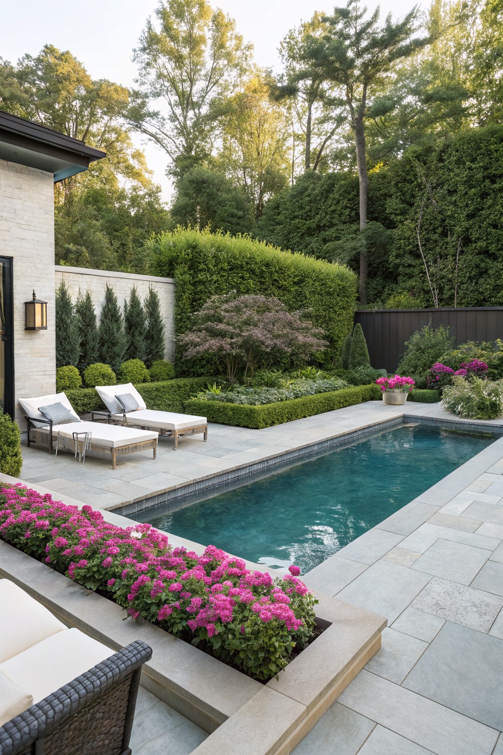 Narrow rectangular pool with turquoise water and tiled edges on a gray stone patio, bordered by raised beds of pink flowering shrubs, two white lounge chairs, potted plants, hedges, and a brick house wall nearby.