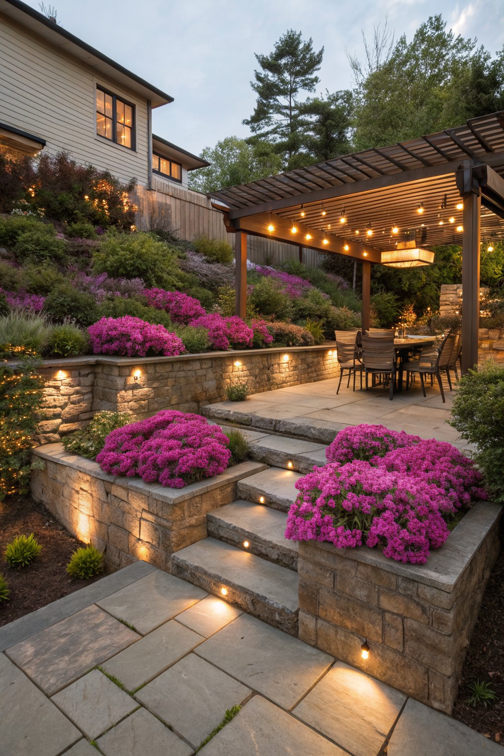 A sloped backyard landscaped with stone retaining walls holding beds of pink azaleas, stone steps with integrated lighting leading to a pergola-covered patio with a dining table, surrounded by greenery and string lights at dusk.