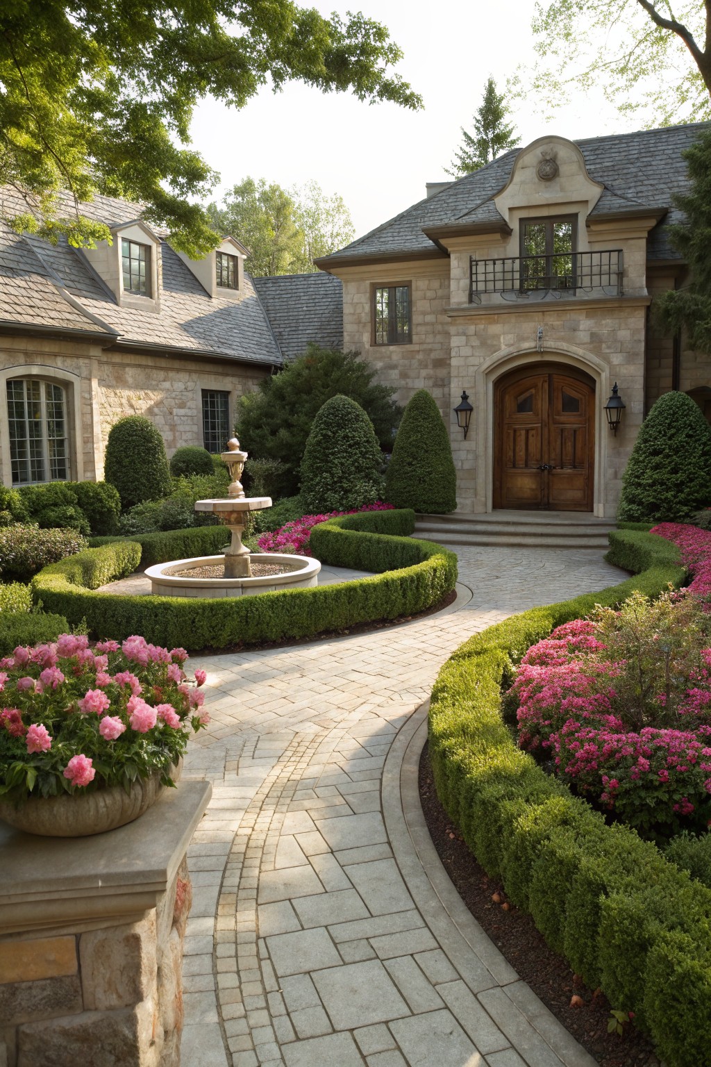 Curved stone pathway through a formal garden with clipped boxwood hedges, pink azalea blooms, and a central stone fountain leading to the wooden double doors of a stone house entrance.