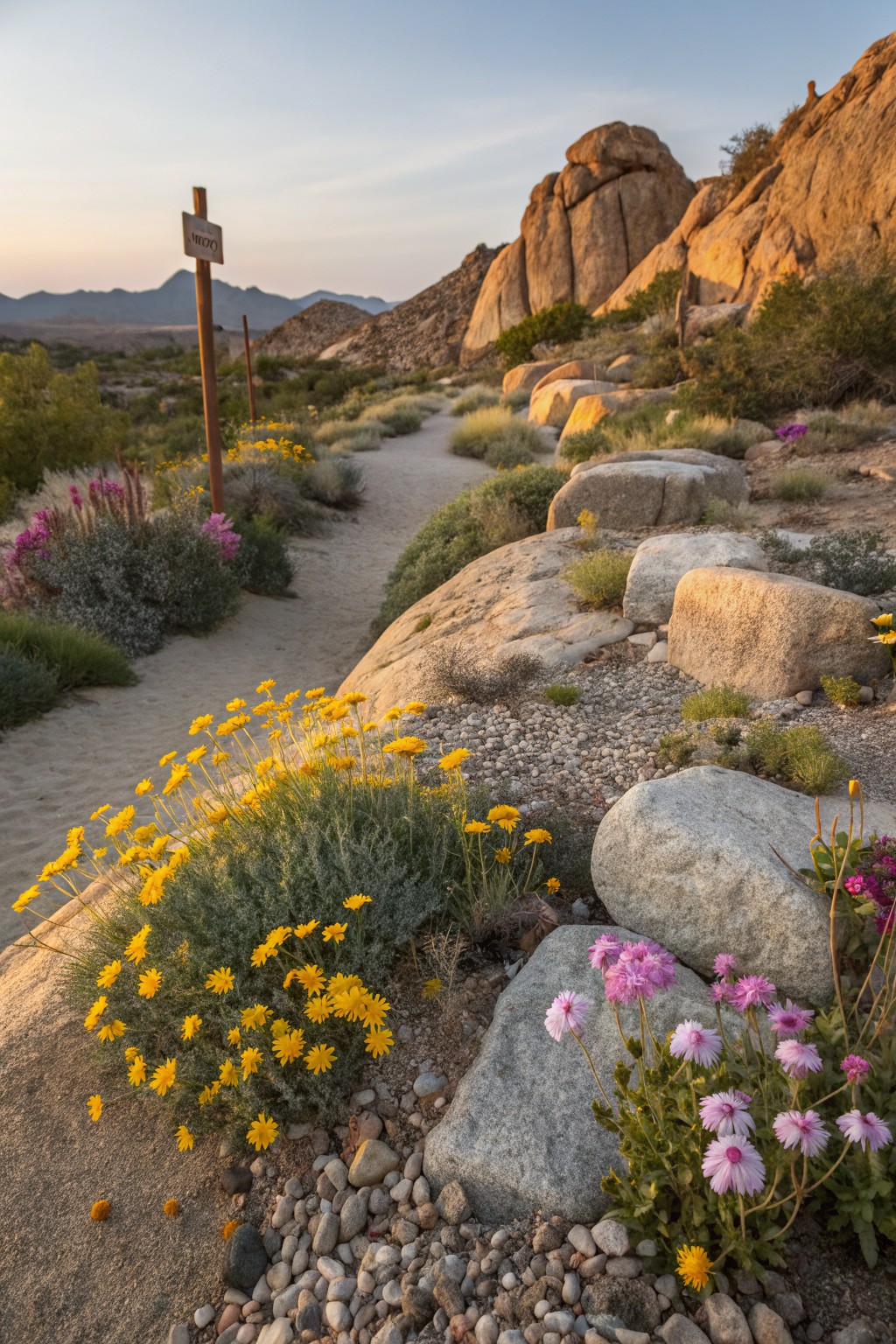 Winding gravel path bordered by large boulders and clusters of yellow daisy-like flowers and pink blooms amid sparse desert shrubs and rocks at dusk.