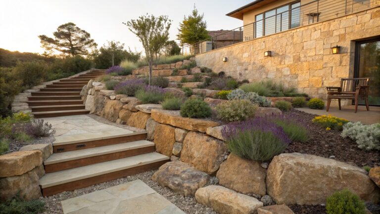 Sloped stone steps and retaining walls planted with lavender bushes and grasses, large rocks, a wooden bench, and gravel path on a hillside landscape with a modern house above.