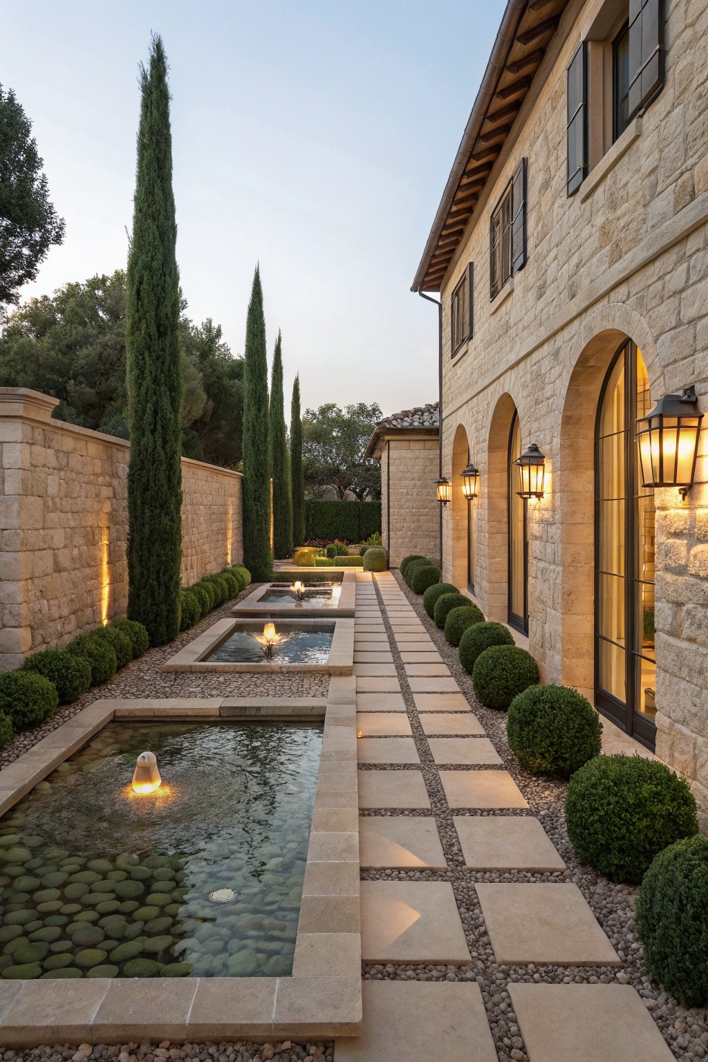 Stone pathway lined with narrow rectangular pools containing water, smooth pebbles, and central fountains, bordered by boxwood spheres and tall cypress trees next to a beige stone house wall with arched doorways and wall lanterns.