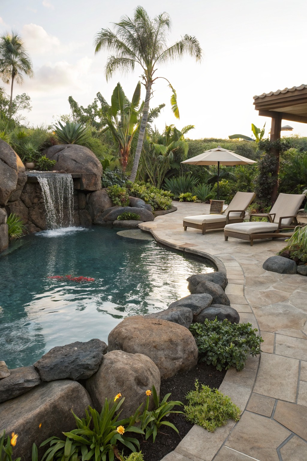 Turquoise pool with a waterfall cascading from stacked boulders, surrounded by tropical plants and large rocks, lounge chairs on a stone patio deck.