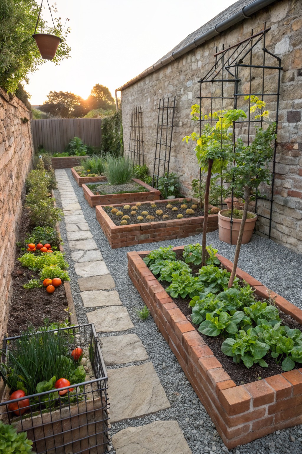 Narrow outdoor garden passageway flanked by raised rectangular brick beds planted with vegetables, herbs, and small trees, a central path of irregular stone slabs, gravel ground cover, and tall stone walls on both sides.