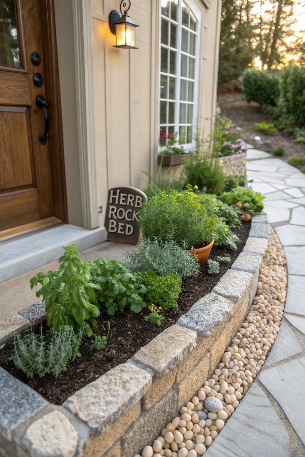 Raised stone garden bed filled with herbs including basil and thyme next to a beige house front door and steps, with a sign reading 
