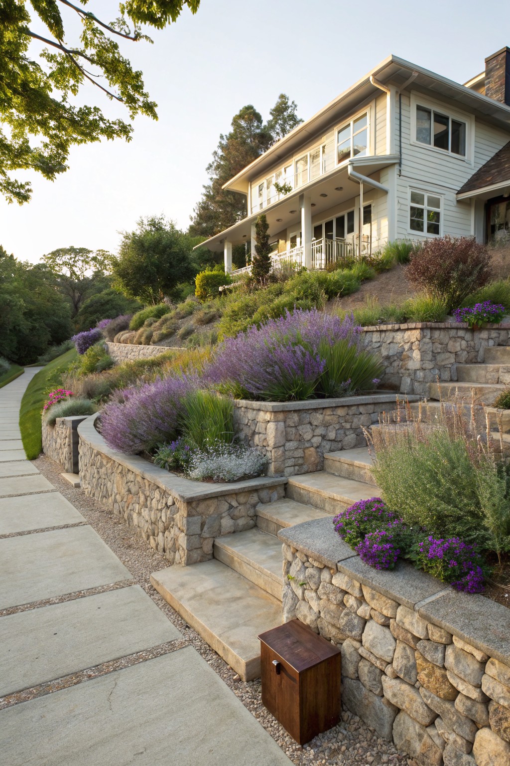 A light-colored house on a green hillside surrounded by terraced dry-stacked stone retaining walls filled with lavender plants, ornamental grasses, and flowers, with stone steps and a concrete paver path leading upward.