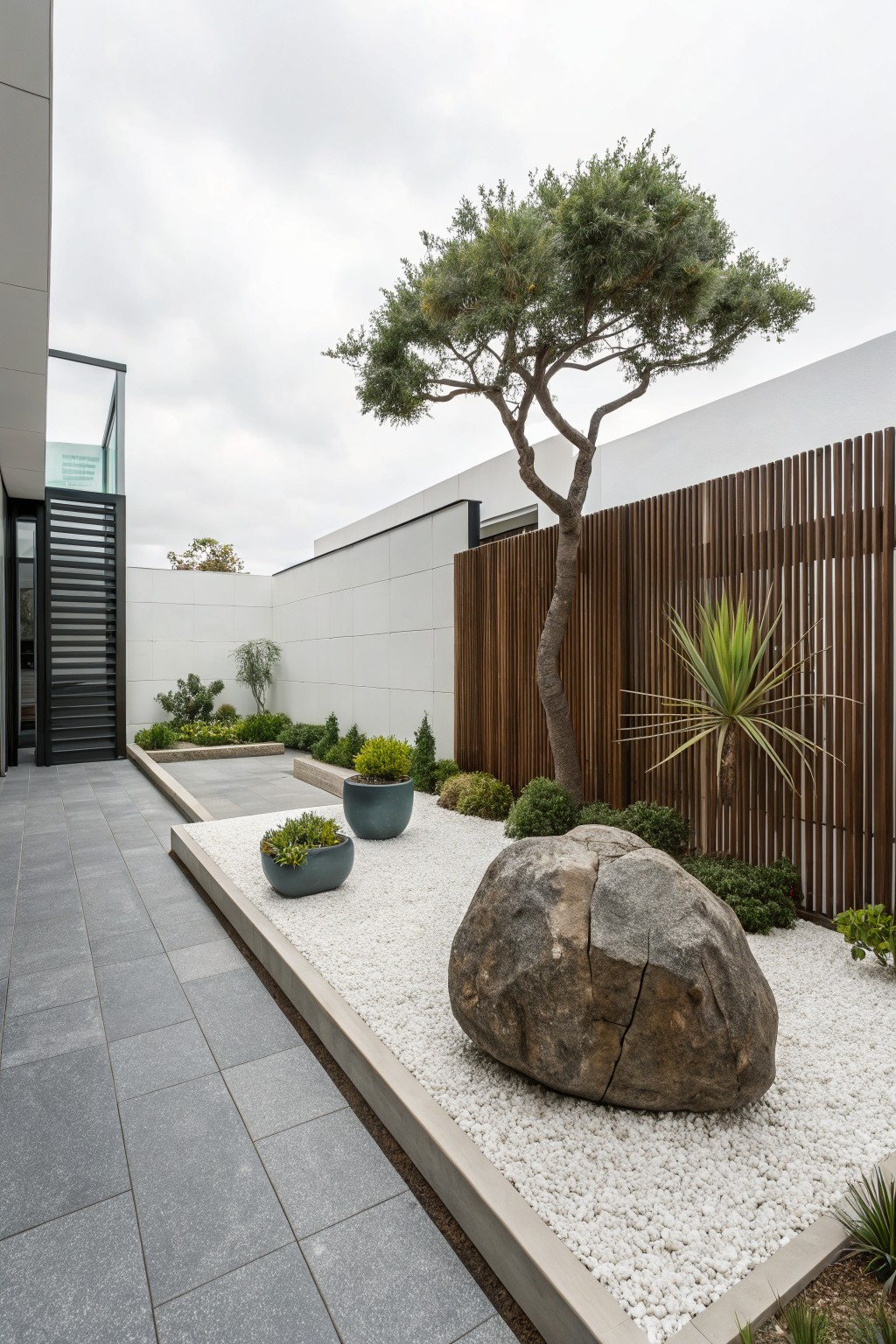 A slate tile pathway beside a modern white house leads to a white gravel zen garden with a large irregular boulder, two gray pots of greenery, a pine tree, wooden slat fence, and yucca plant.
