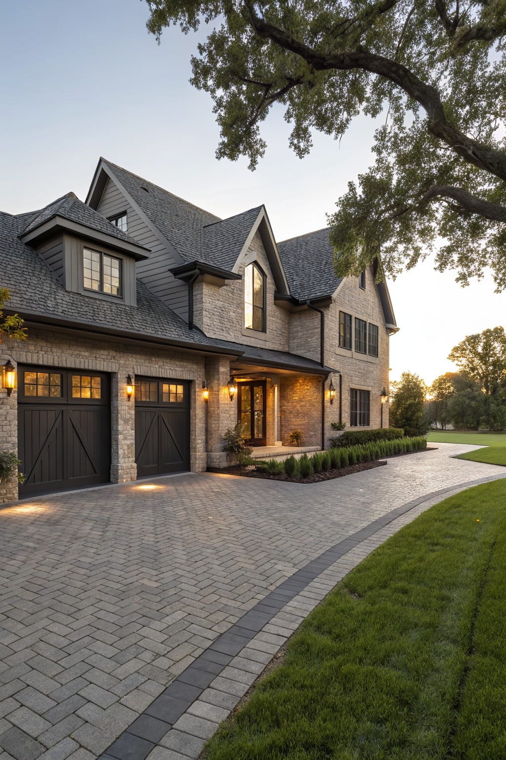 Brick house exterior featuring a curved light gray paver driveway with dark edging strip bordering green grass lawn and boxwood shrubs near the garage.