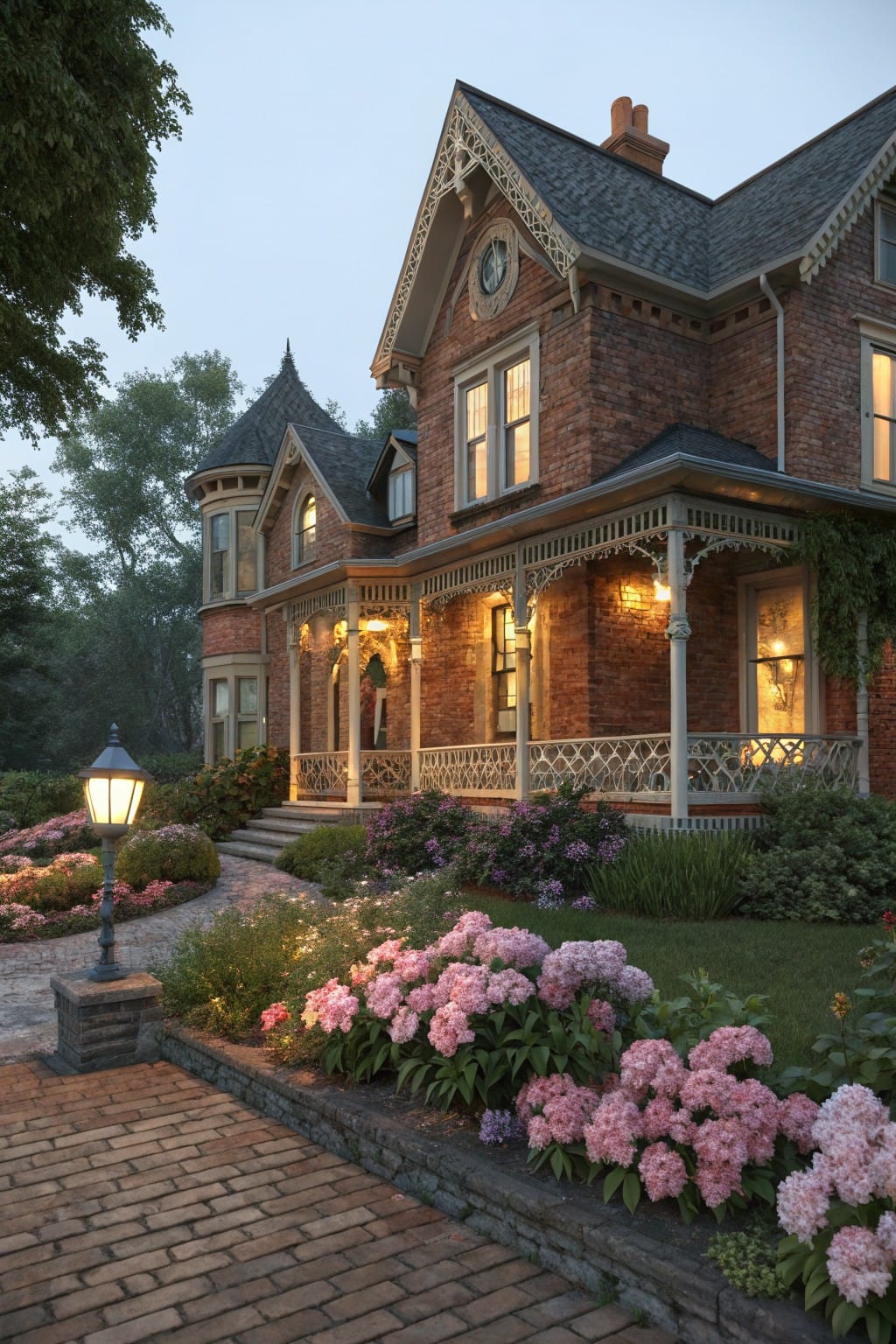 Brick pathway edged by low brick wall and beds overflowing with pink hydrangeas, leading to a Victorian brick house exterior at dusk with porch lights and lantern.