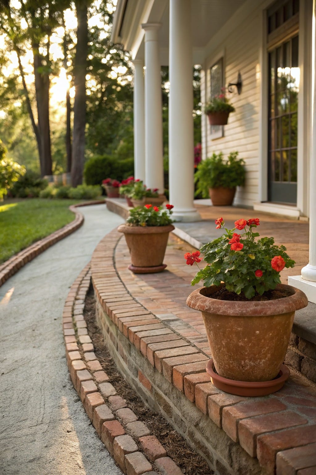 Curved gravel pathway edged with red bricks leading to brick steps below a white porch with columns and terracotta pots of red geraniums.