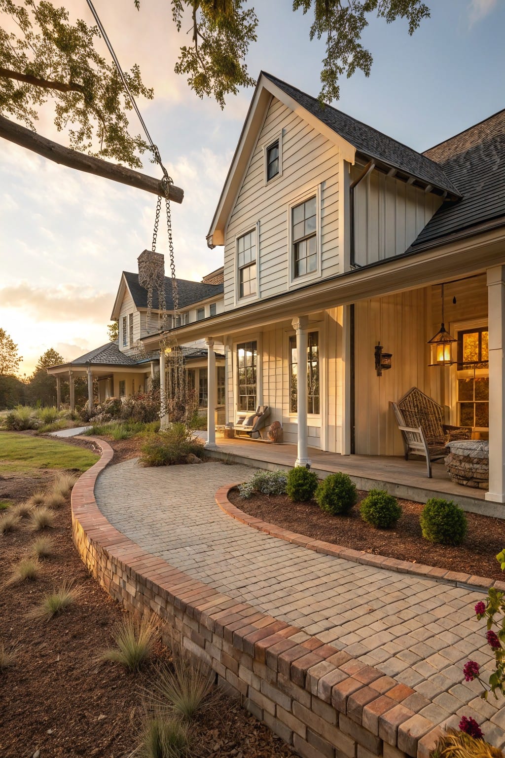 White clapboard house with wraparound porch and chimney, viewed from a curved brick-edged paver pathway through landscaped beds with ornamental grasses, shrubs, and mulch at dusk.