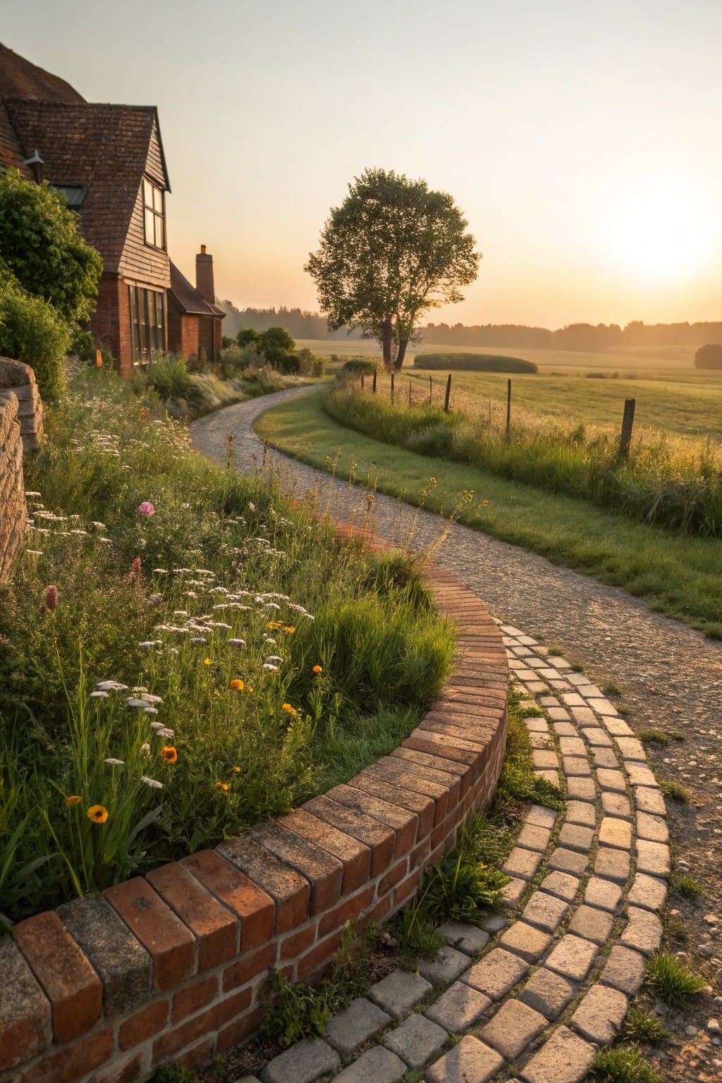 A curved gravel path edged by a low red brick wall with wildflowers, grasses, and daisies along one side, next to a brick house and leading toward fields at sunset.