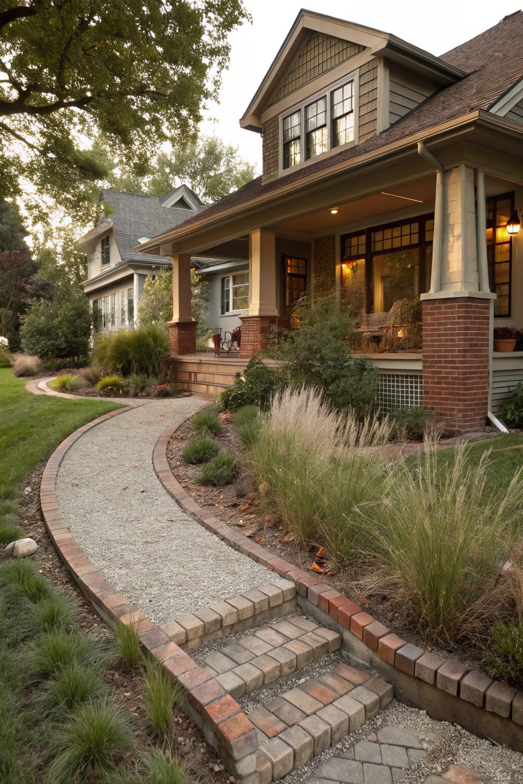 Curved gravel pathway bordered by red brick edging winds through a yard with ornamental grasses and plants toward brick steps leading to a house porch.