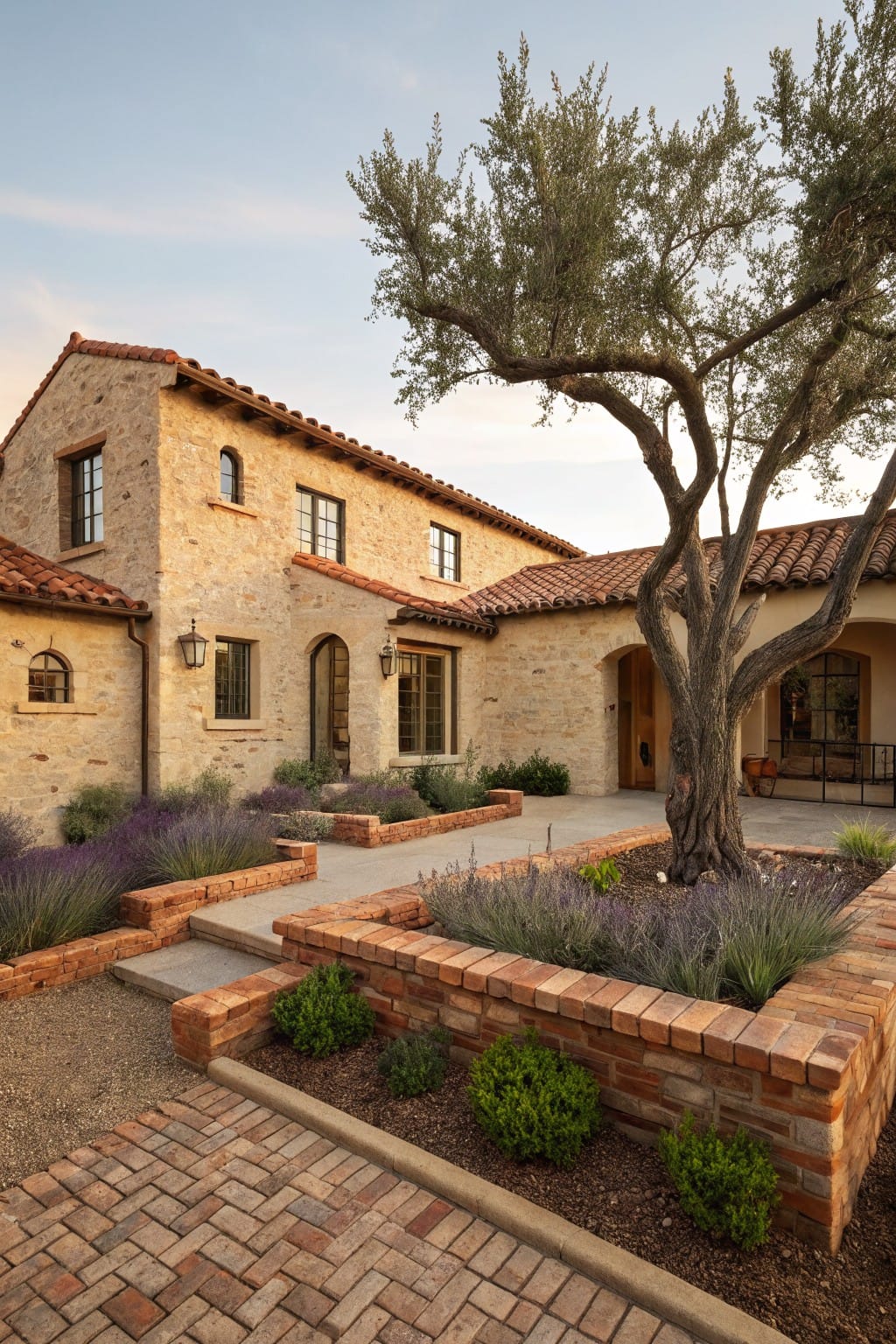 Beige stucco house with red tile roof, arched entries, brick pathway with steps, raised brick garden beds planted with lavender and grasses, and a large olive tree by the courtyard.