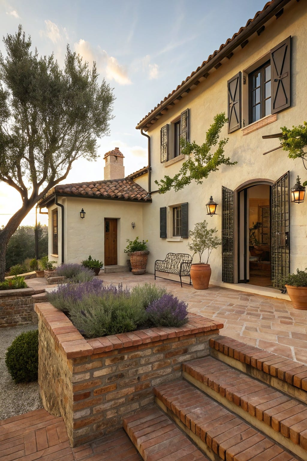 Beige stucco house exterior with terracotta tile roof, brick steps leading to a patio of terracotta pavers, raised brick planter filled with lavender plants, potted plants, wrought iron bench, and arched doorway with open shutters and lanterns.
