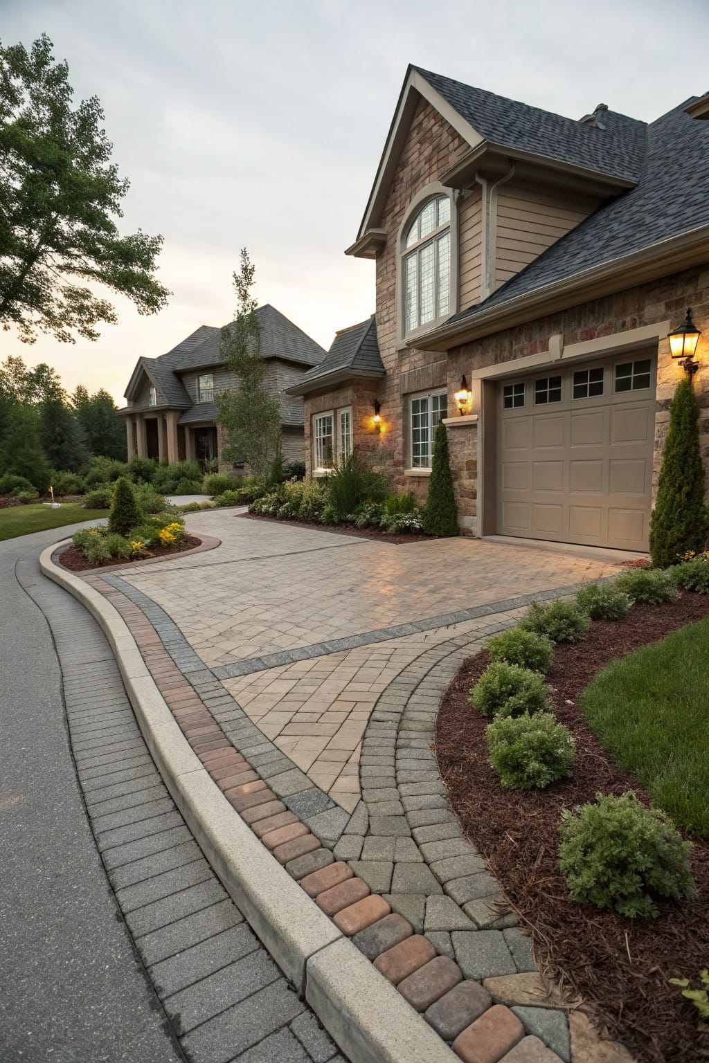Brick home exterior featuring a curved paver driveway with brick edging bordering landscaped garden beds containing shrubs, mulch, and flowers.