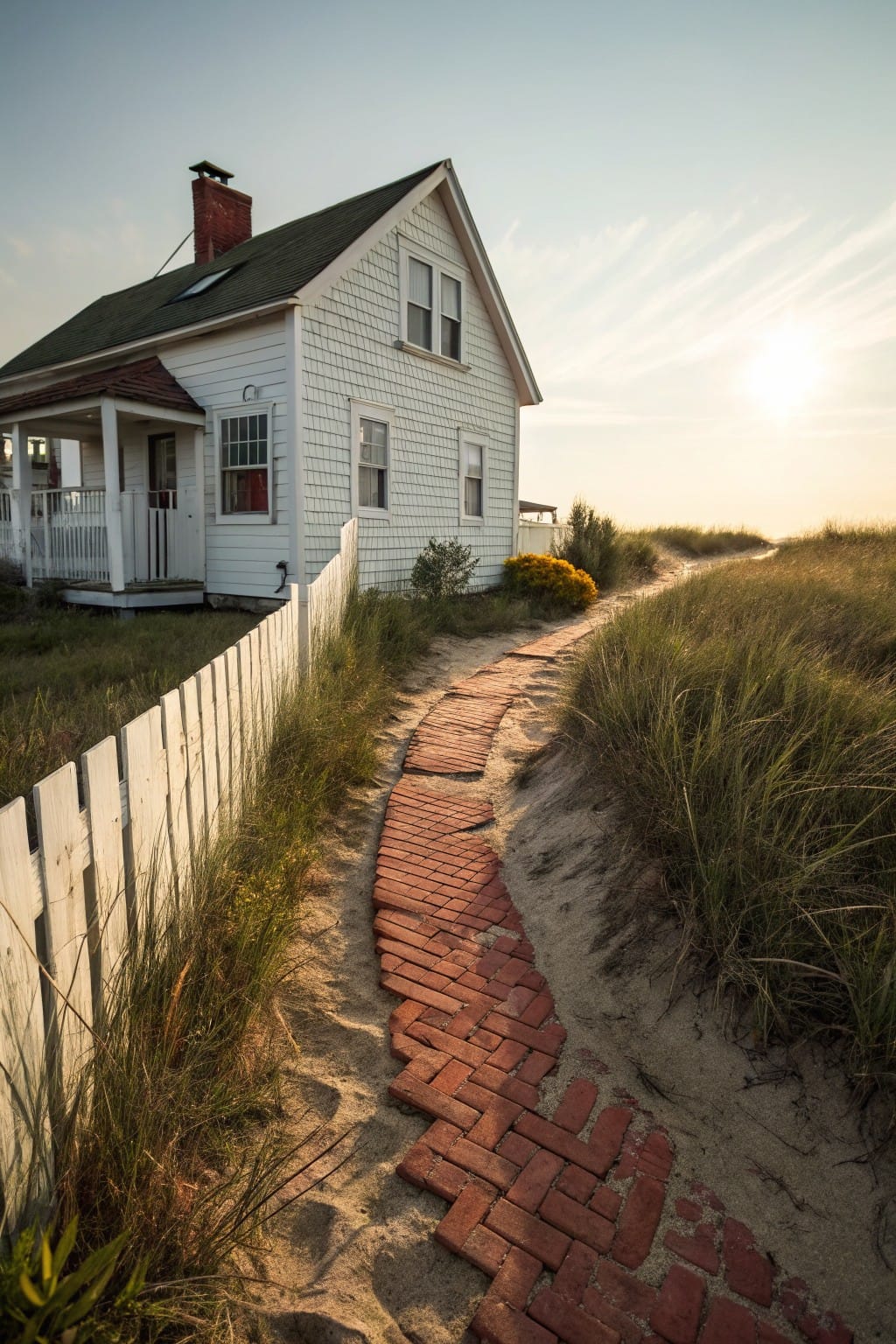 White shingle-style house with green roof and porch near sand dunes, red brick pathway winding through beach grass bordered by white picket fence.