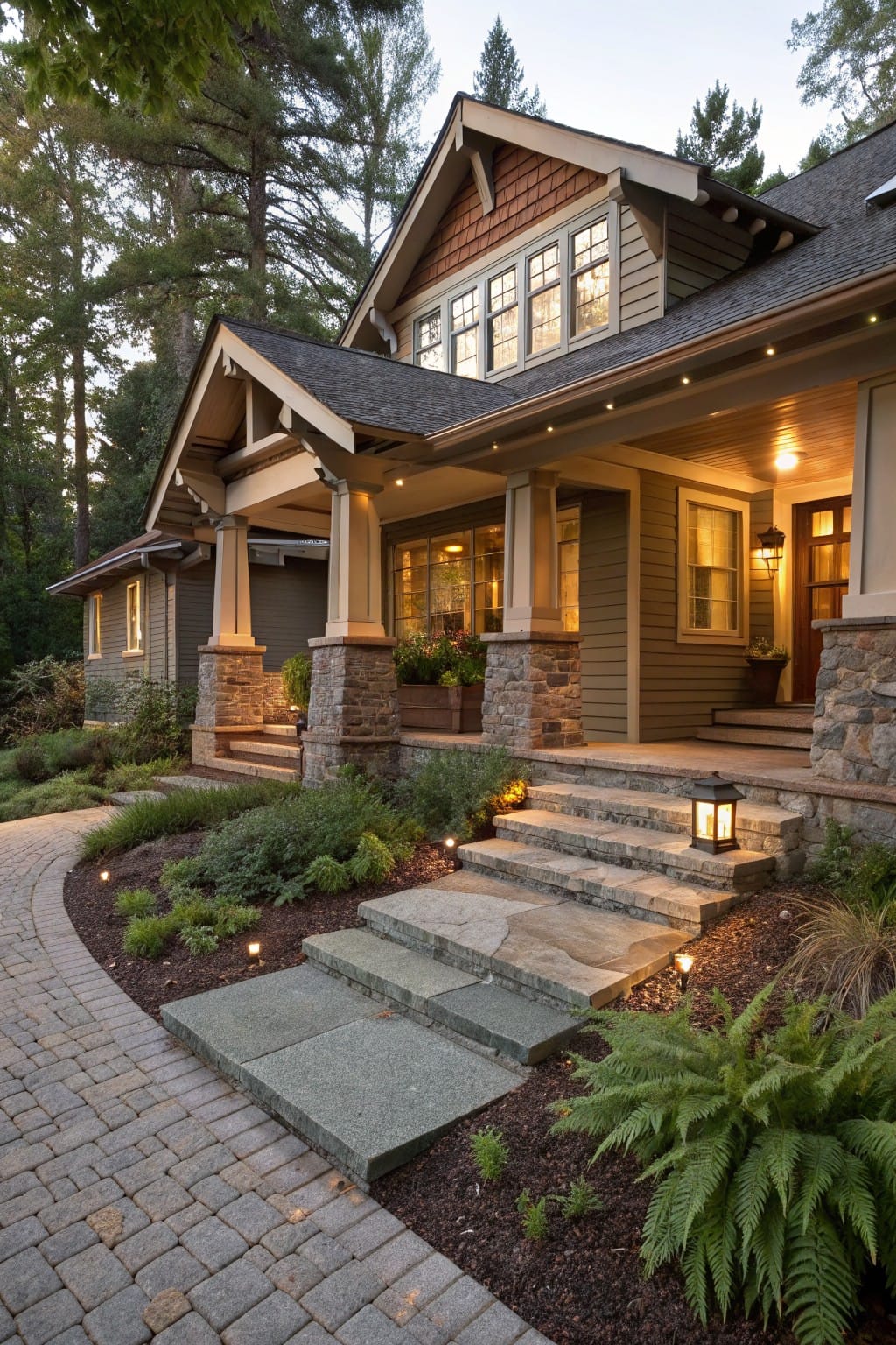 Curved brick paver pathway bordered by garden beds with mulch, ferns, and shrubs leading to stone steps and a front porch on a house surrounded by trees at dusk.