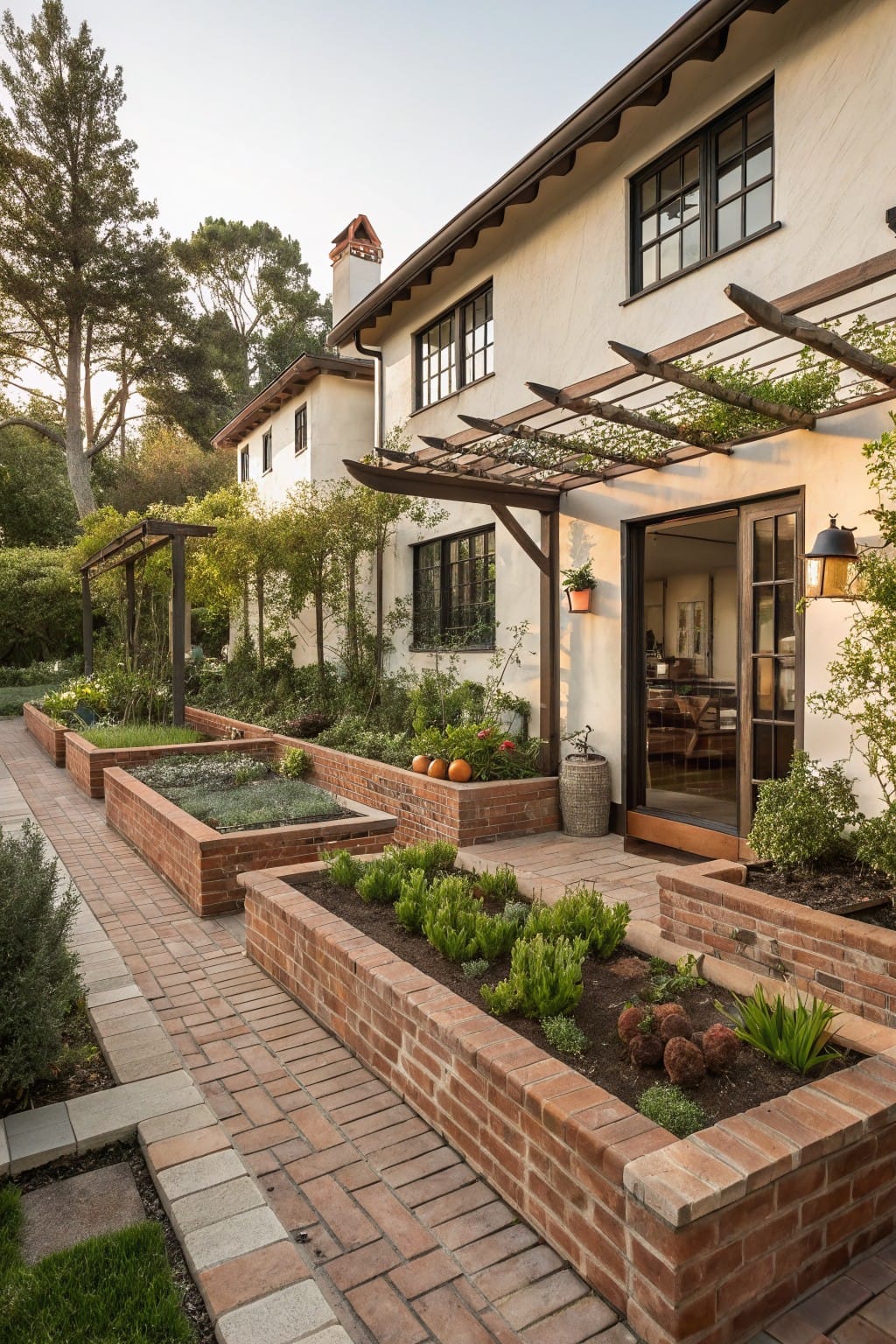 Beige stucco house exterior with black-framed windows and glass doors opening to a brick-paver patio edged by multiple red brick raised garden beds containing plants, herbs, and pumpkins, flanked by greenery and a wooden pergola.
