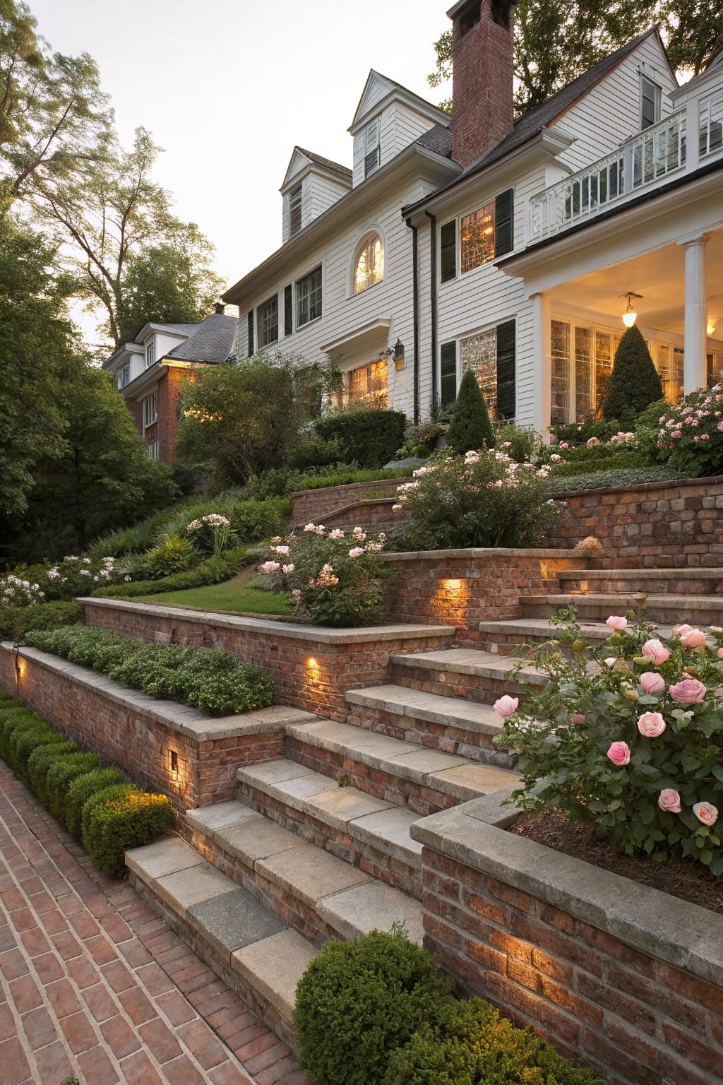 White clapboard house with gabled roof on a wooded hillside, featuring terraced brick retaining walls, stone steps, boxwood hedges, and pink rose plantings.
