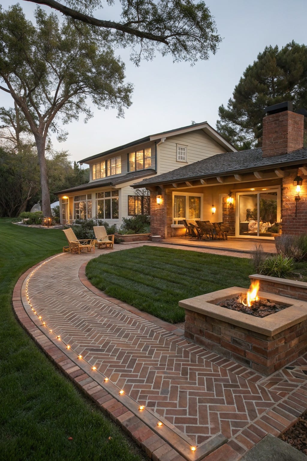 Curved herringbone brick pathway with edge lights through a grassy lawn leading to a square brick fire pit near a home's backyard patio with chairs and surrounding trees at dusk.