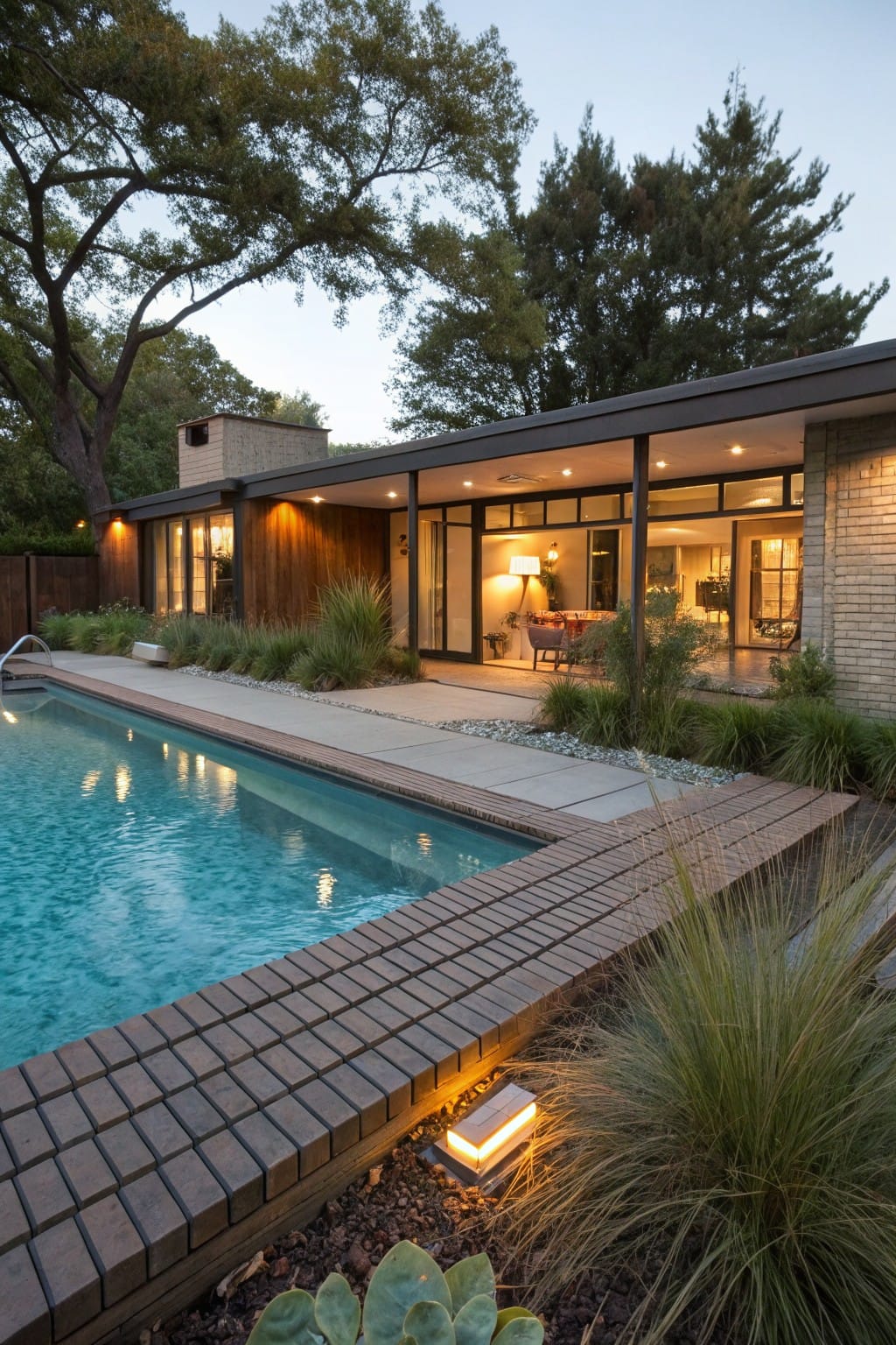 Swimming pool with tan brick coping along the edge, concrete deck, ornamental grasses and succulents nearby, modern house with wood panels and glass walls in the background at dusk.
