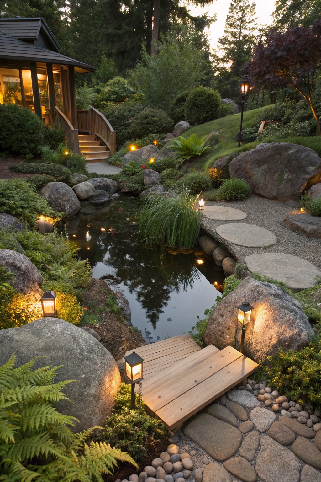 Landscaped garden with a pond surrounded by large boulders, stepping stone paths, wooden bridge, plants, and lanterns near a house at dusk.