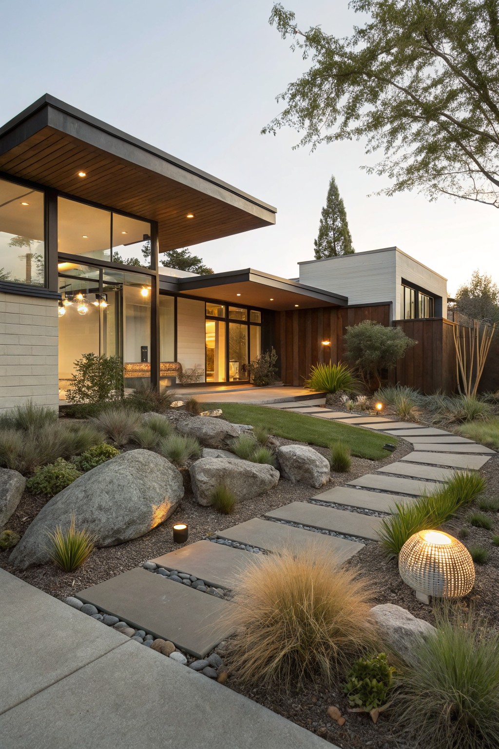Contemporary house exterior with a curved pathway of concrete stepping stones winding through large boulders, ornamental grasses, and low plants in the front yard at dusk.