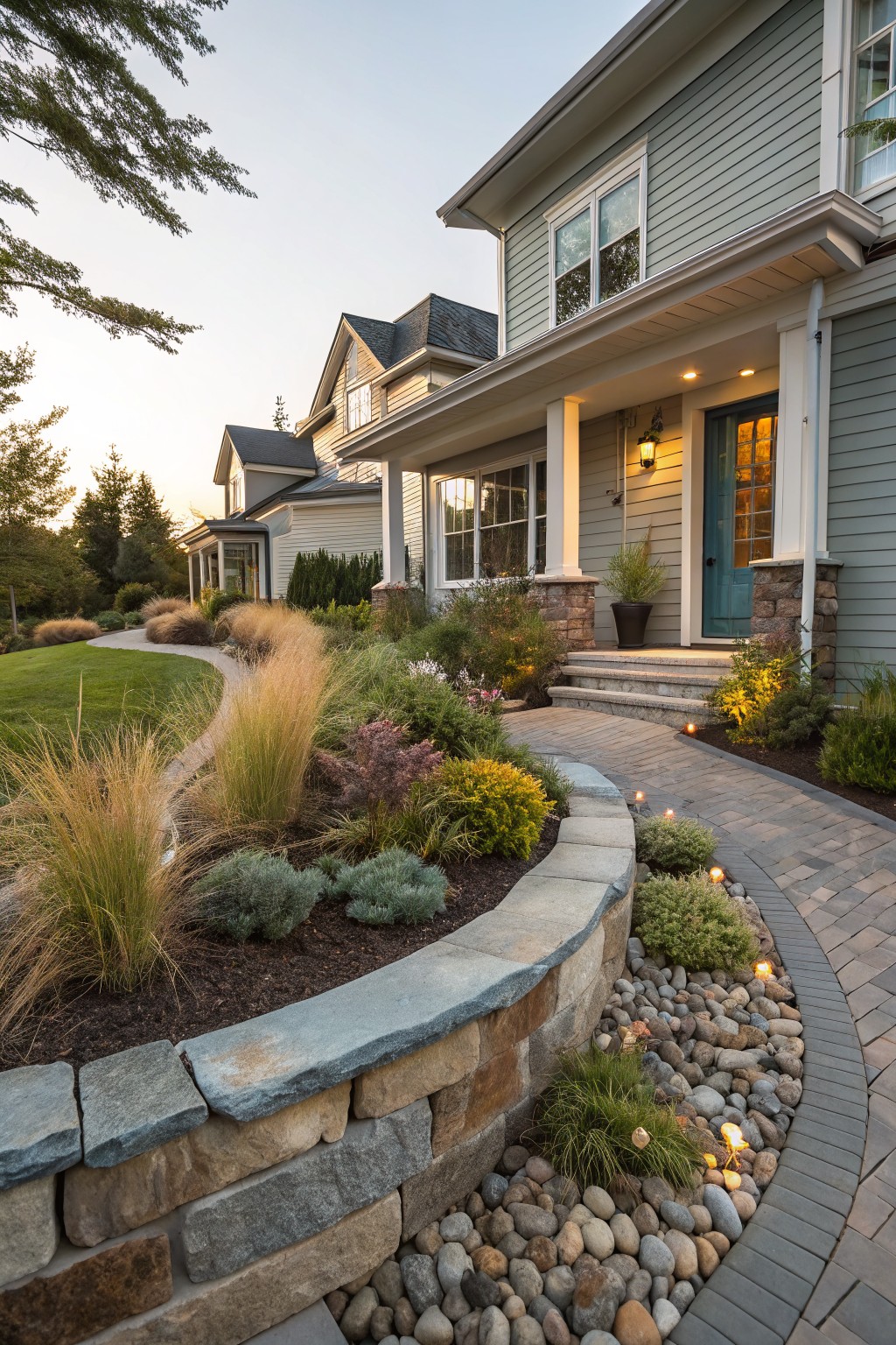 Curved paver pathway leading to a light blue house entrance, bordered by low stacked stone retaining wall with ornamental grasses, shrubs, perennials, and river rock mulch.