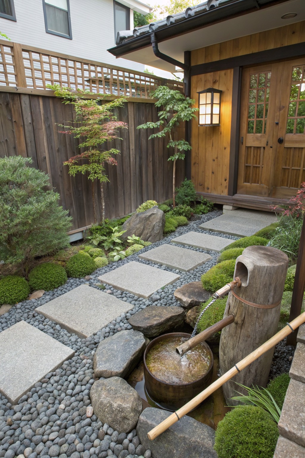 Japanese garden path with square gray stepping stones set in black gravel beds edged by river rocks and boulders, low green plants, and a bamboo water fountain near a wooden house exterior.
