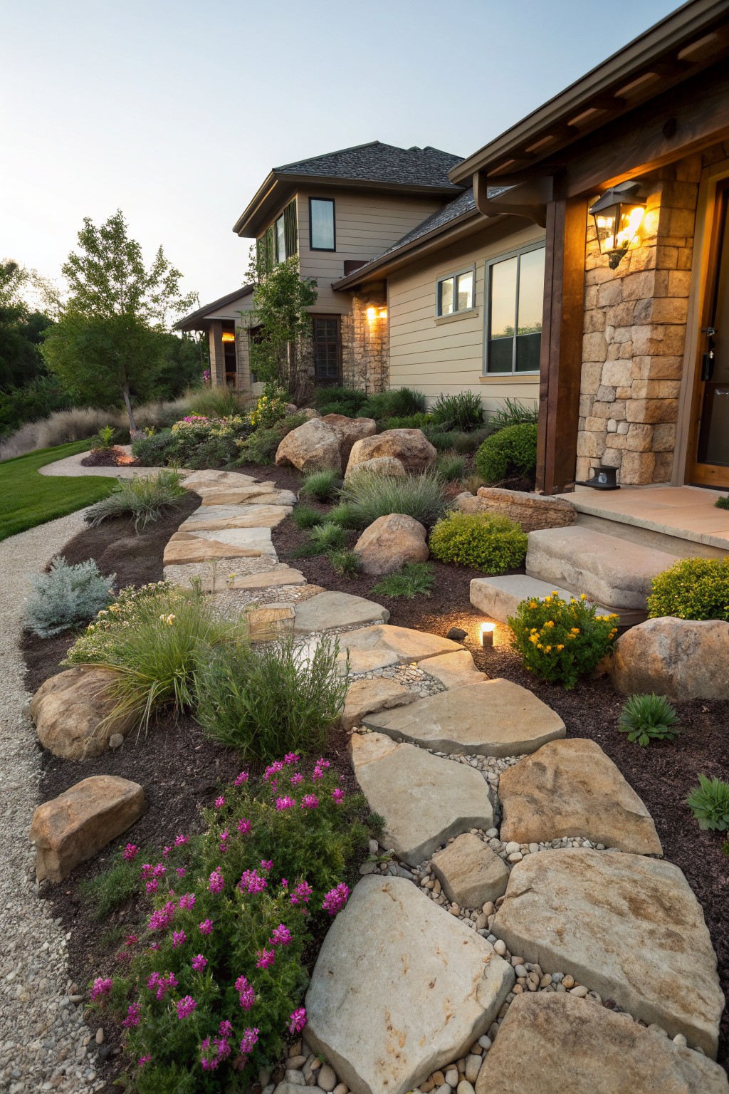 A curving flagstone pathway bordered by large boulders, ornamental grasses, shrubs, and flowers leads to the front steps of a house with stone and wood exterior.