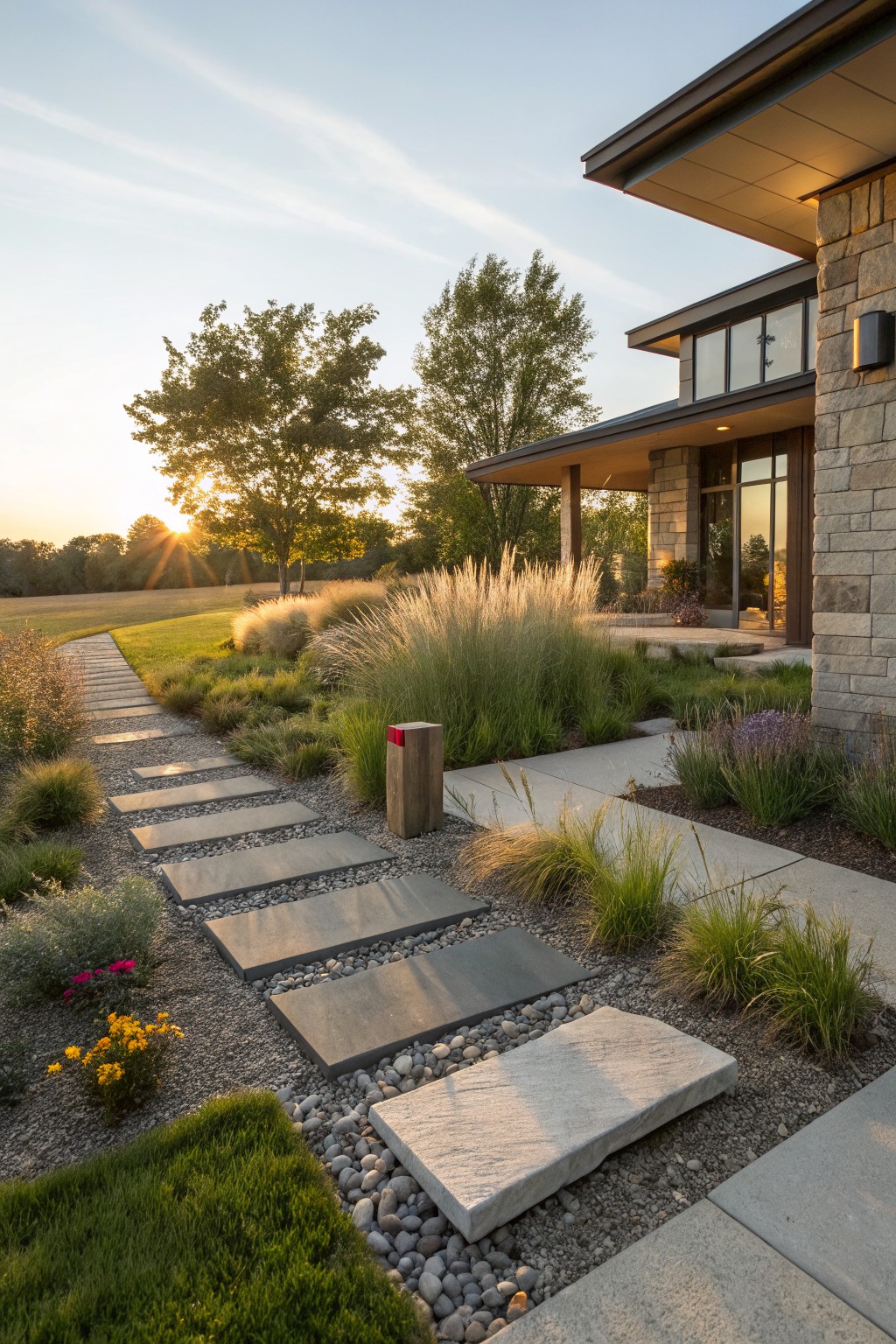Exterior view of a modern stone house with a pathway of irregularly spaced dark stone slabs set into light gravel beds, bordered by ornamental grasses, low plants, and pebbles, leading toward the entry during golden hour sunset.
