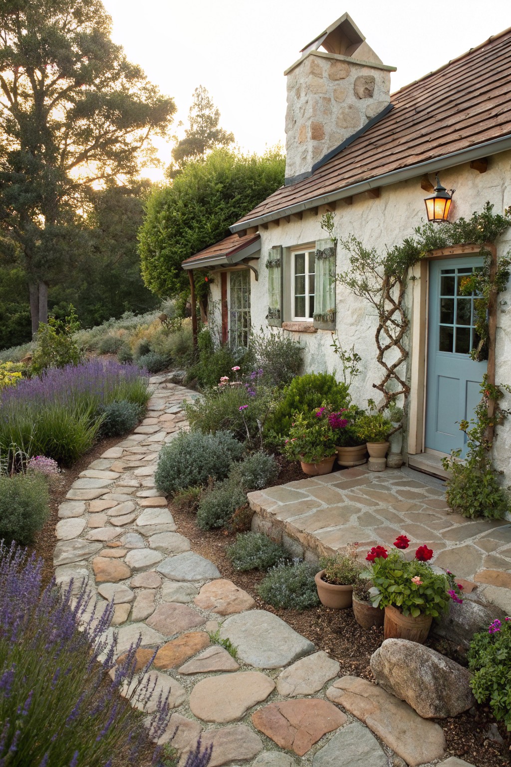 Stone cottage exterior with a curving flagstone path lined by lavender plants, shrubs, and potted flowers leading to a light blue front door.