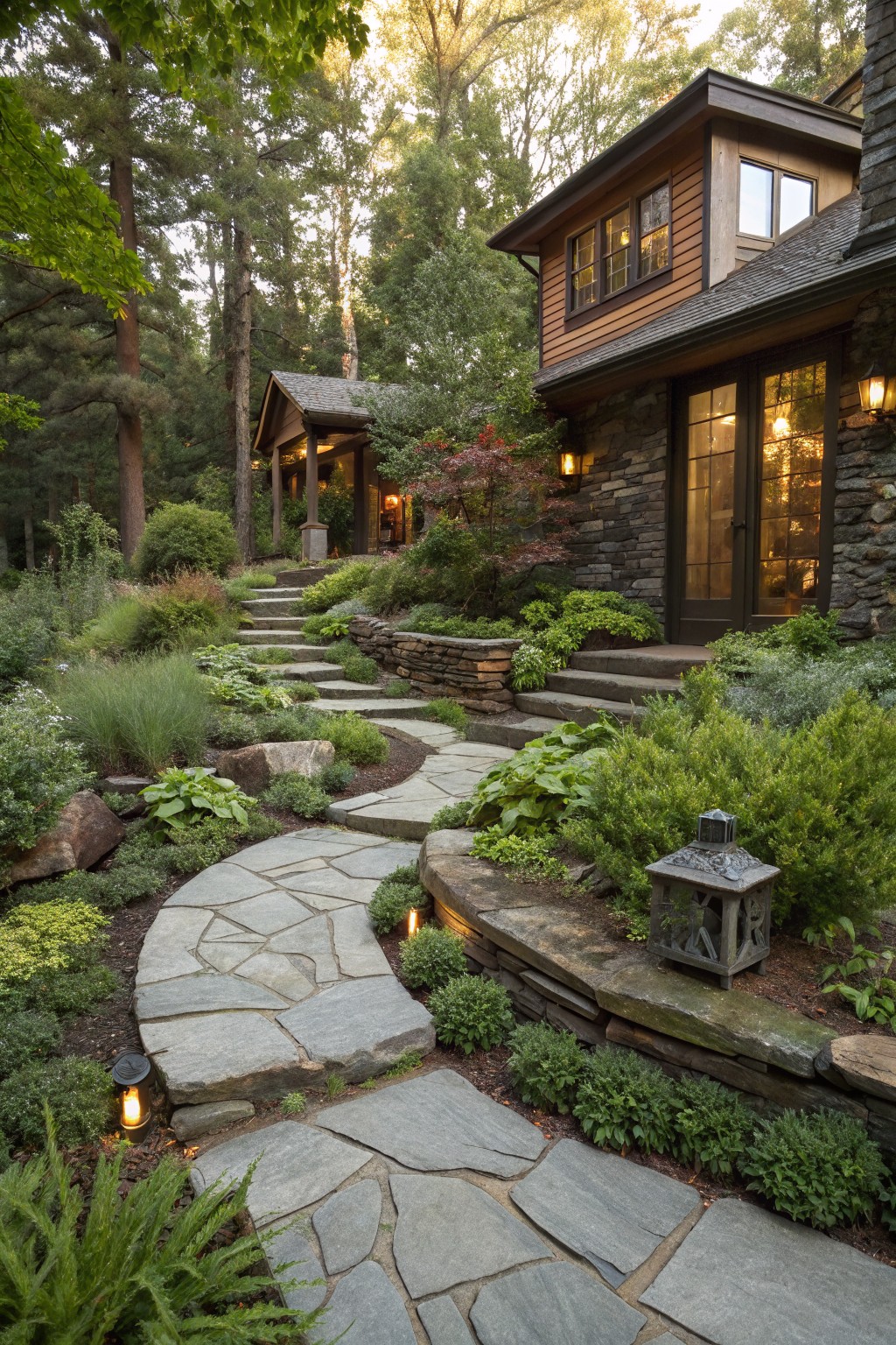 Winding flagstone path curves through garden beds with boulders, plants, and rock retaining walls leading to a stone house entrance lit by lanterns.