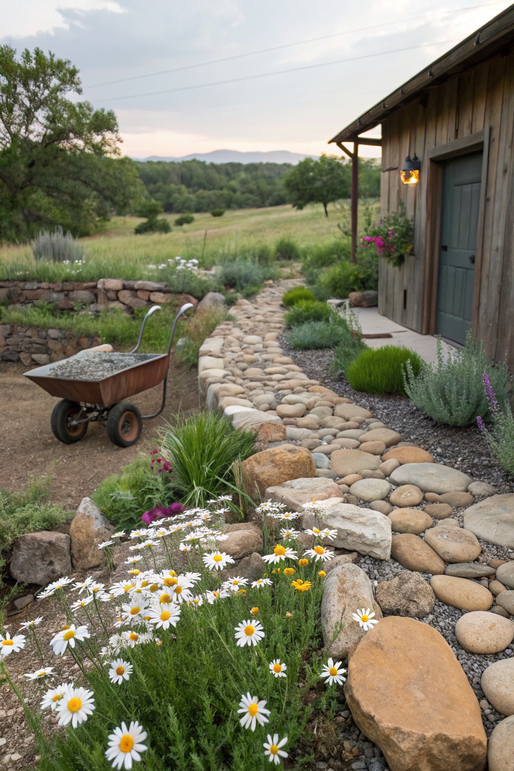 Curved pathway of flat pebbles and gravel bordered by a dry-stacked stone wall with white daisies, lavender bushes, and grasses leading to a wooden garden shed beside a field and trees.