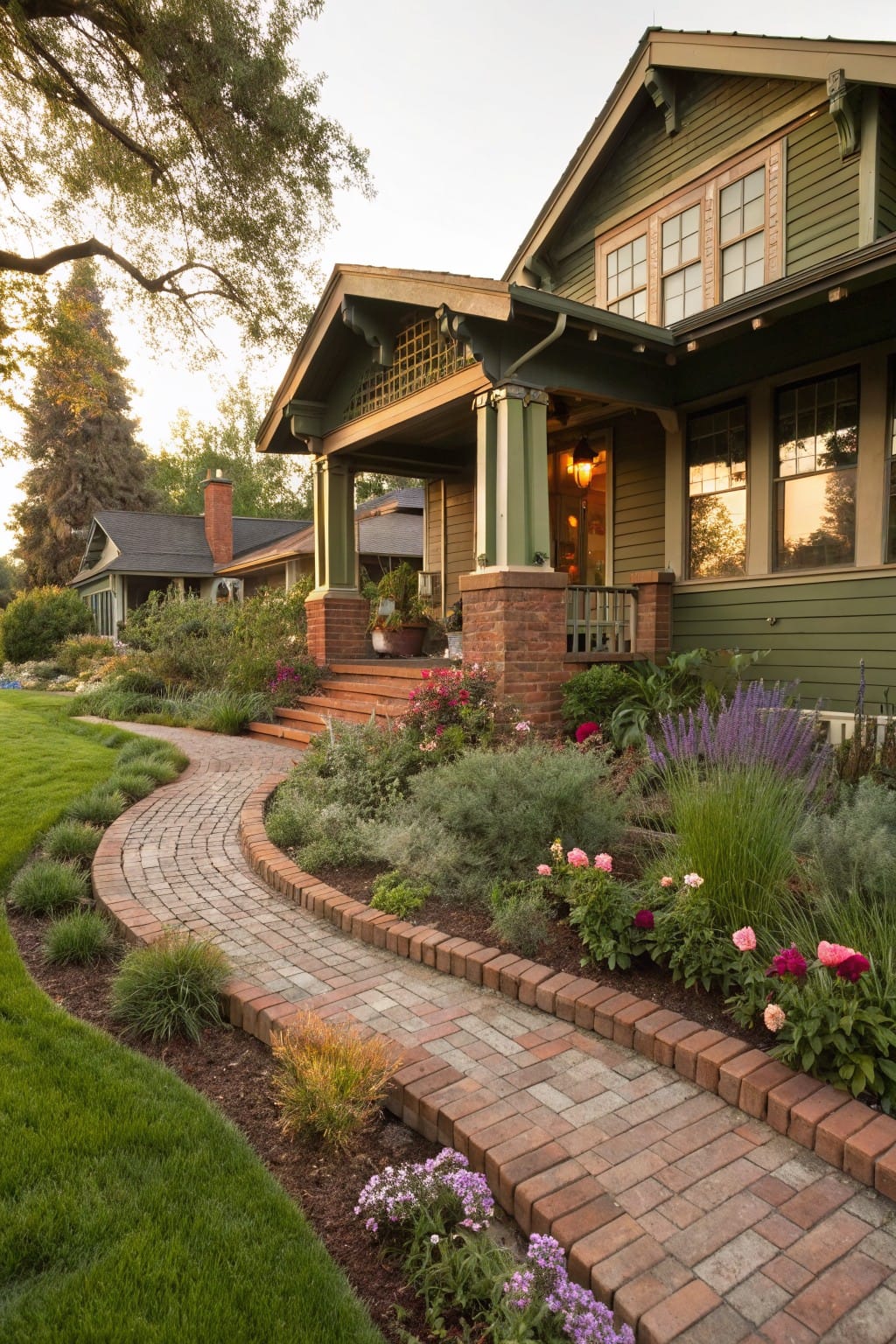 Curved brick pathway edged with ornamental grasses, flowers, and shrubs winds through a lawn toward the brick steps and porch of a green shingled house.