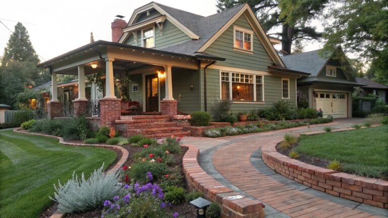 Curved brick pathway edged with ornamental grasses, flowers, and shrubs winds through a lawn toward the brick steps and porch of a green shingled house.