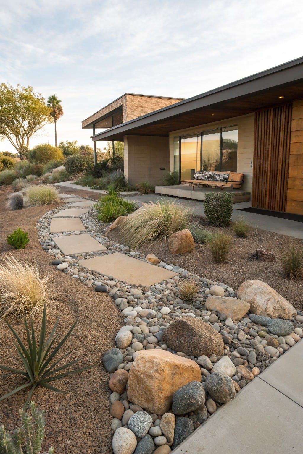 Modern house exterior with a curved pathway of large rectangular stone pavers set into a gravel bed edged by mixed rocks, boulders, grasses, and agave plants leading to the entry.