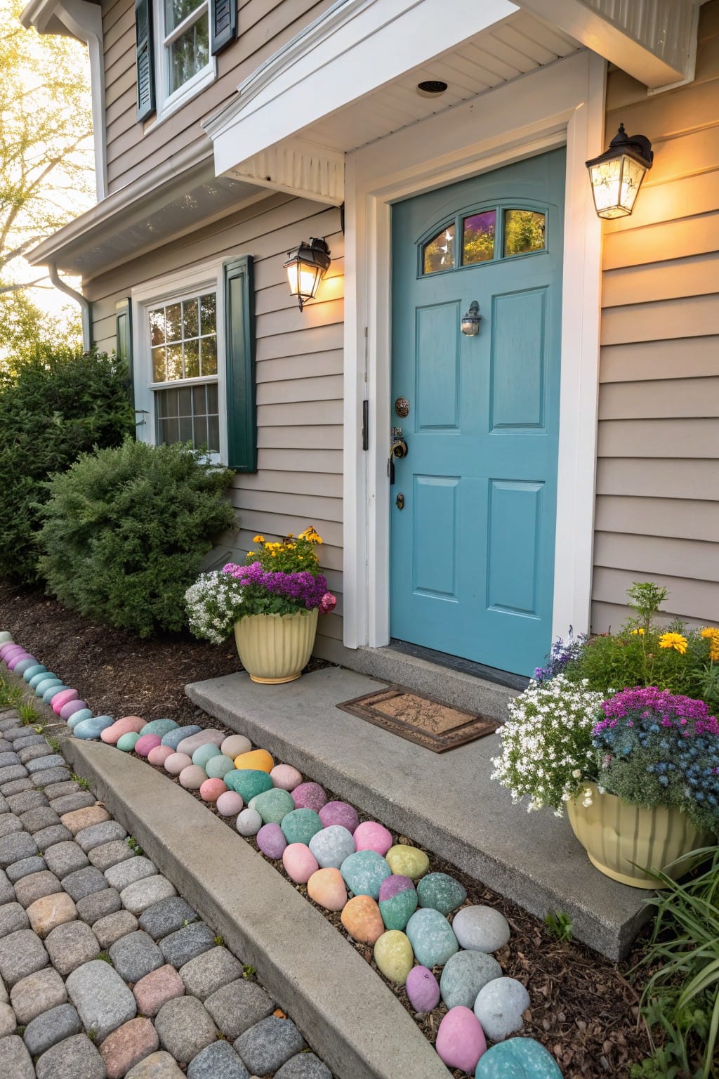 House front with beige siding, green shutters, blue door, potted flowers on porch, and cobblestone path edged in multicolored painted round rocks leading to concrete steps.