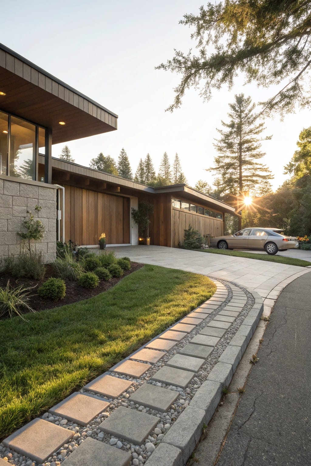 Curved driveway in front of a modern wood-clad house, edged with large gray pavers filled with white pebbles separating pavement from adjacent green lawn and shrubs.