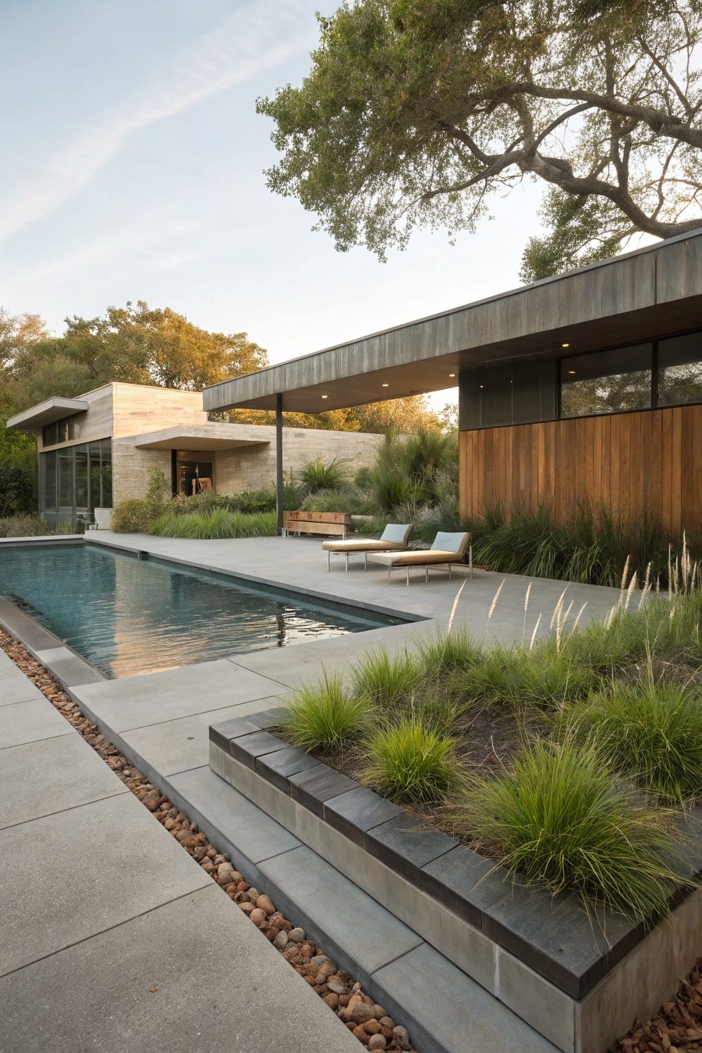 Long lap pool with dark water on a concrete deck edged by pebbles and raised concrete planters filled with ornamental grasses, next to a modern wood and stone house.