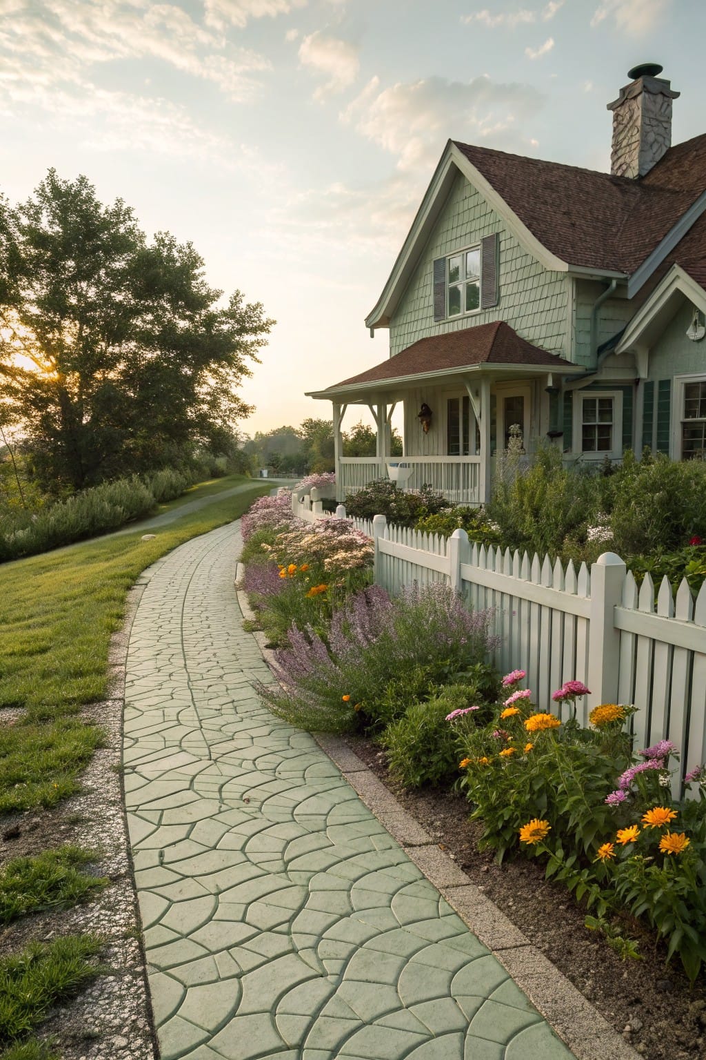 Mint green clapboard house with red roof and porch beside a white picket fence enclosing colorful flower beds along a curved green paver walkway edged by grass and shrubs.