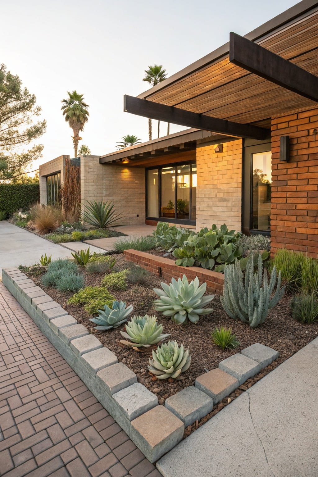 House exterior featuring a concrete walkway edged by raised planters made of bricks and concrete blocks filled with agave and other succulents, with brick walls and desert plants nearby.