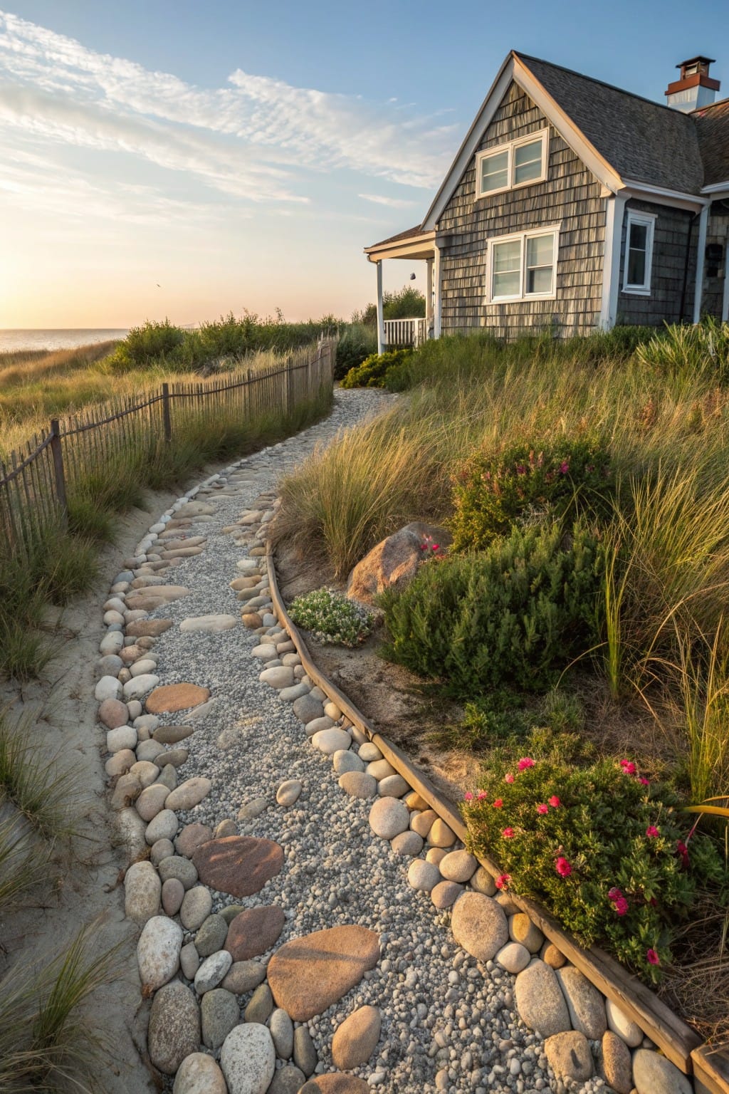 Shingle house on dunes with winding pebble pathway edged by wooden timbers amid beach grasses leading toward porch and ocean.