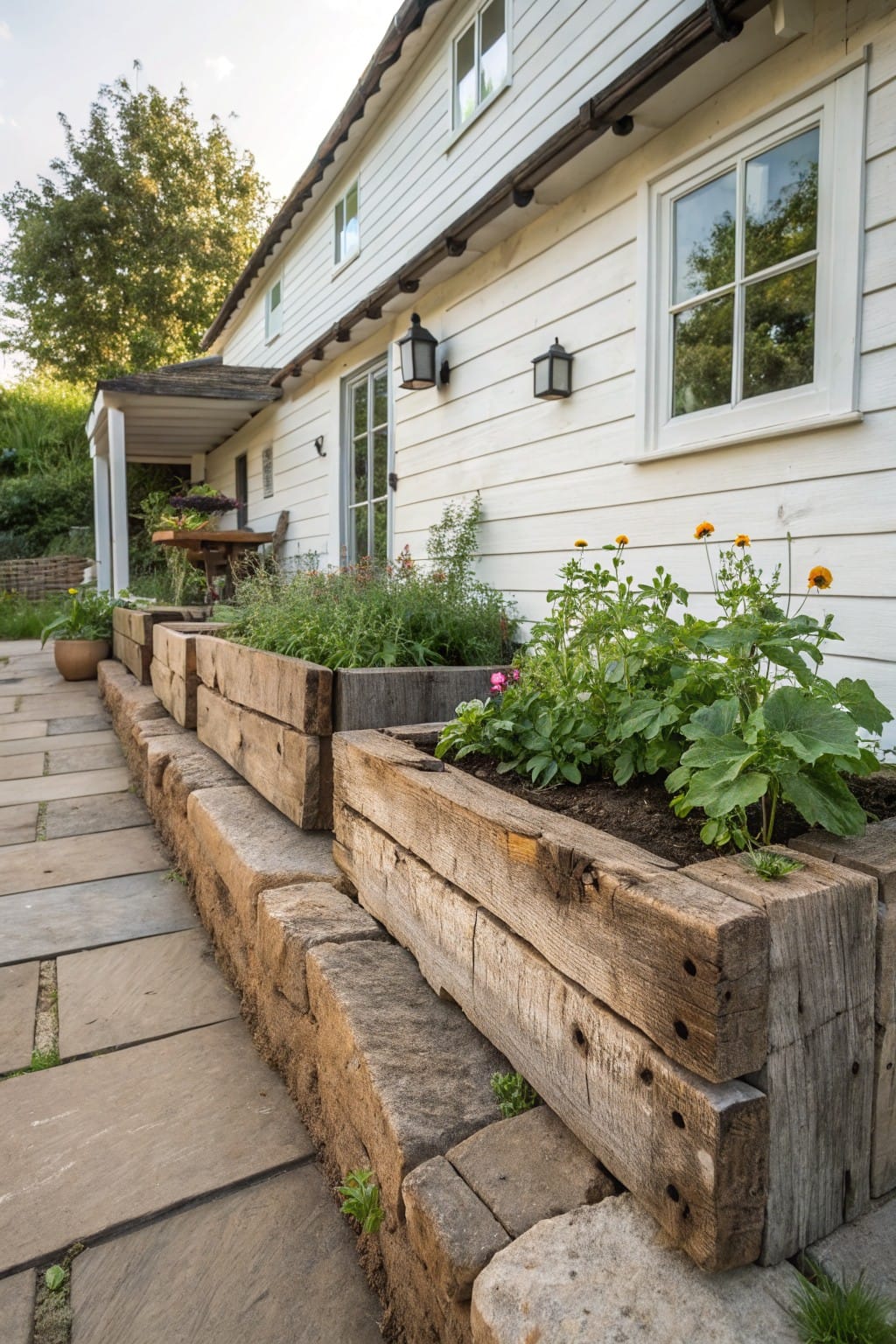 White clapboard house exterior with tiered raised garden beds made from stacked wooden beams along a stone patio edge, planted with herbs, greens, and flowers.