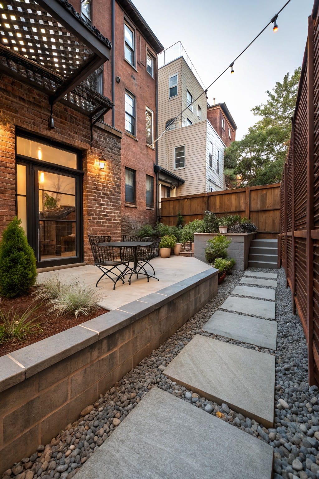 Brick rowhouse backyard with concrete patio, black metal table and chairs, gravel ground cover with large rectangular stone slabs forming a path, plants in raised beds, wooden fence, and string lights overhead.