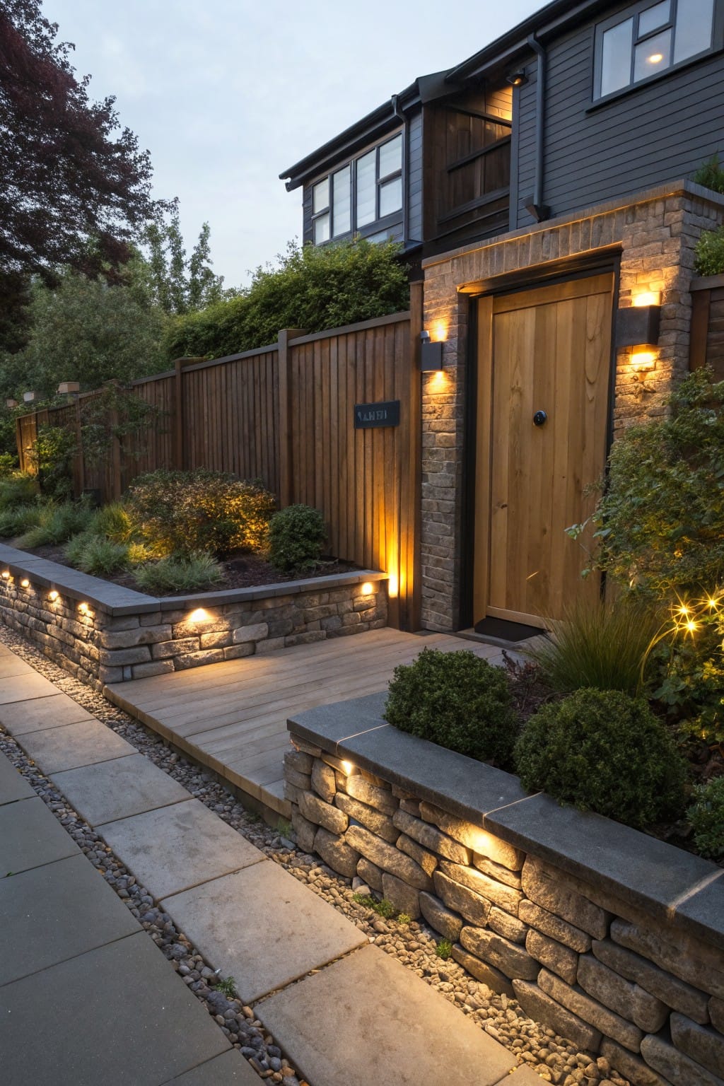Stone retaining walls with embedded low lights line a gravel and paver pathway leading to a wooden entry door, surrounded by plants and a wooden fence beside a dark gray house.
