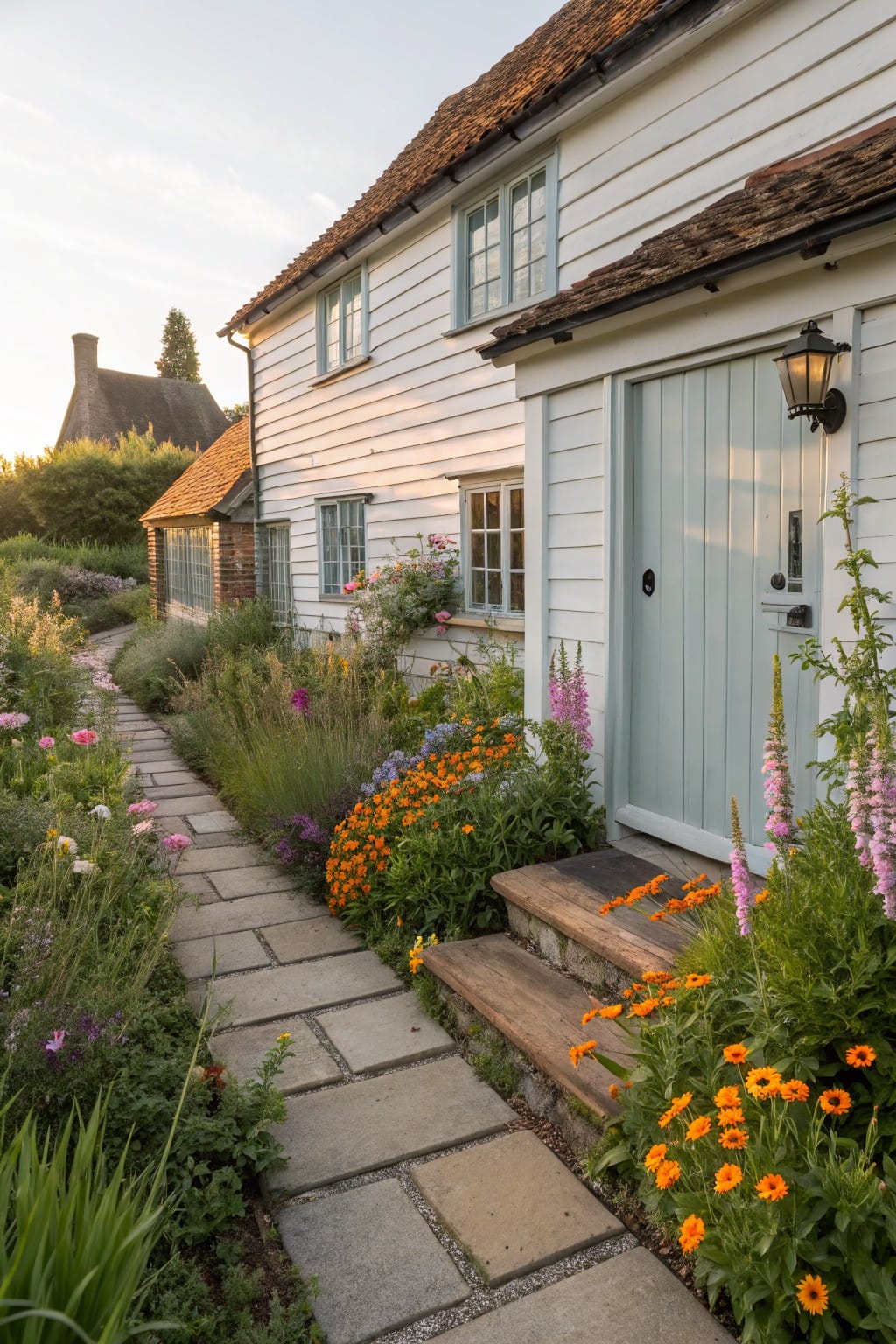 White clapboard house with light green front door and lantern light, wooden steps up from a stone pathway lined with colorful flowers including pink foxgloves and orange marigolds.