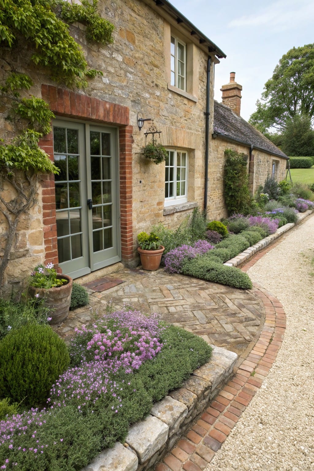 Stone cottage exterior with ivy-covered walls, green French doors in a brick surround, gravel pathway edged by low planted stone walls with purple flowers, greenery, and terracotta pots nearby.