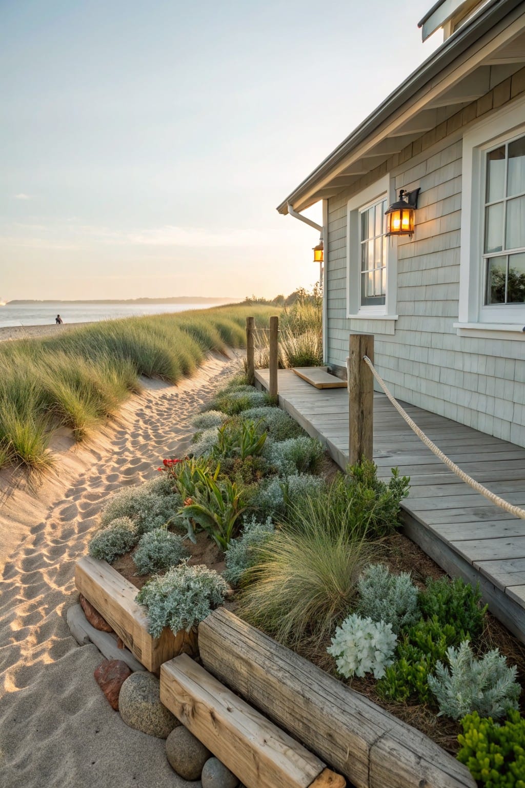 Gray shingled beach house next to a sandy dune path edged by stacked wooden logs planted with grasses, succulents, and low shrubs, leading toward the ocean.